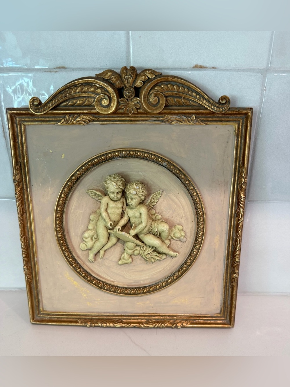 Vintage Mid Century Alexander Backer Style Ornate Cherub Angel Wall Chalkware